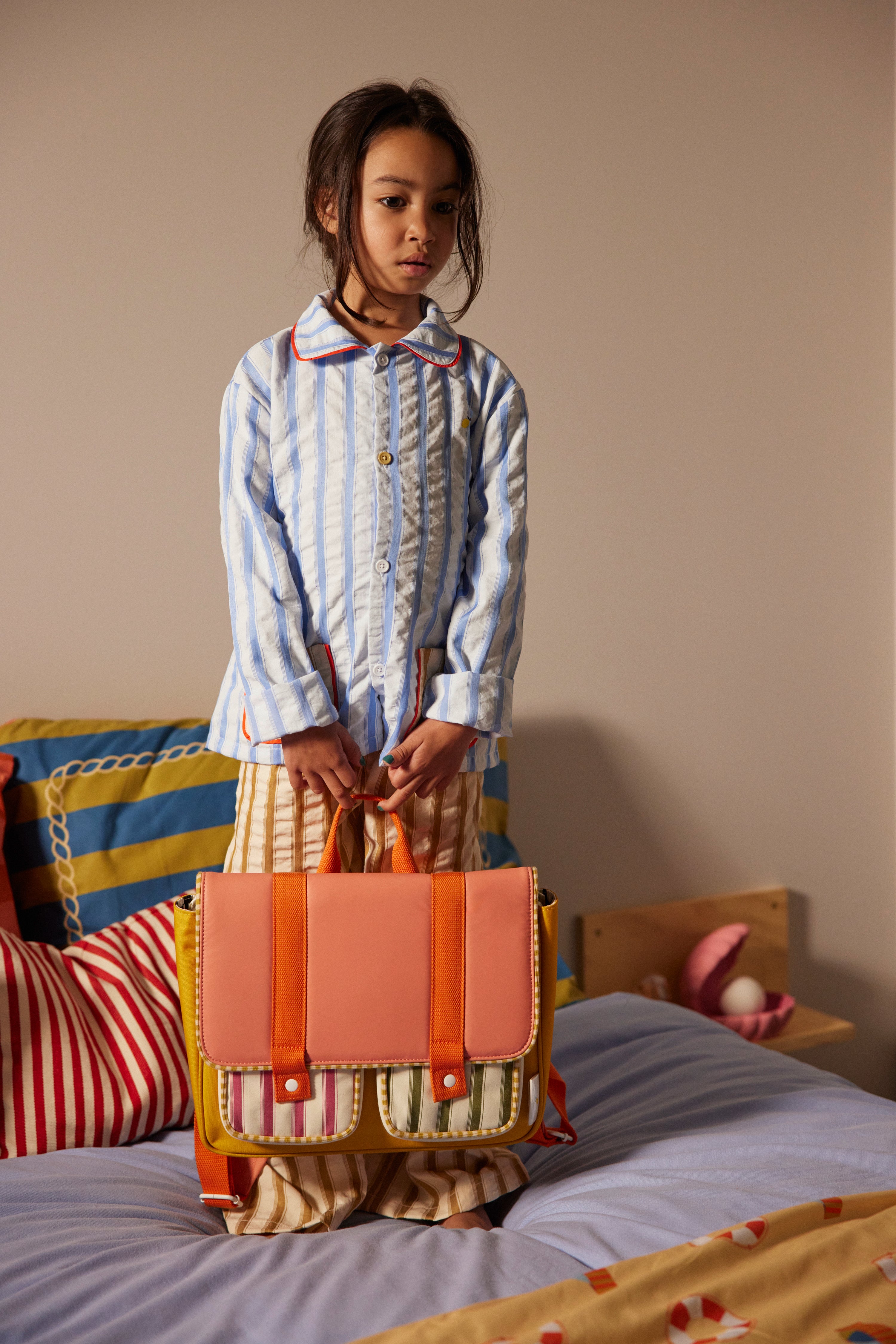 Ρετρό παιδική σχολική τσάντα coral pink + submarine yellow 32x8x23,5εκ. Sticky Lemon