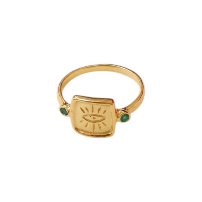 Gold-plated Karishma ring with green protective eye, size 52