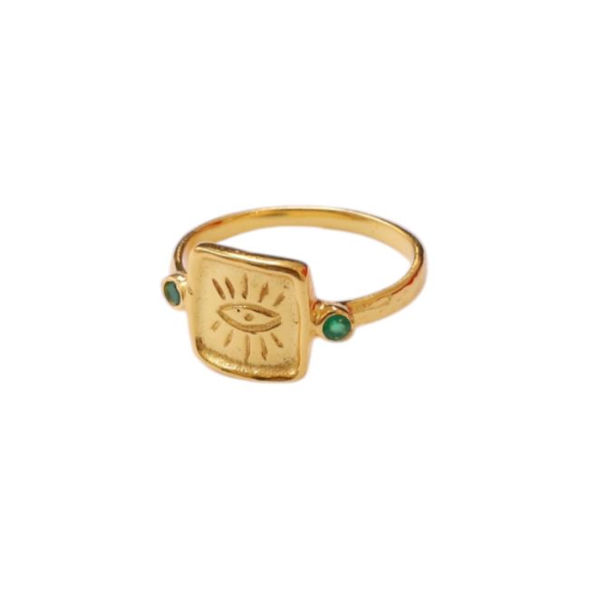 Gold-plated Karishma ring with green protective eye, size 52