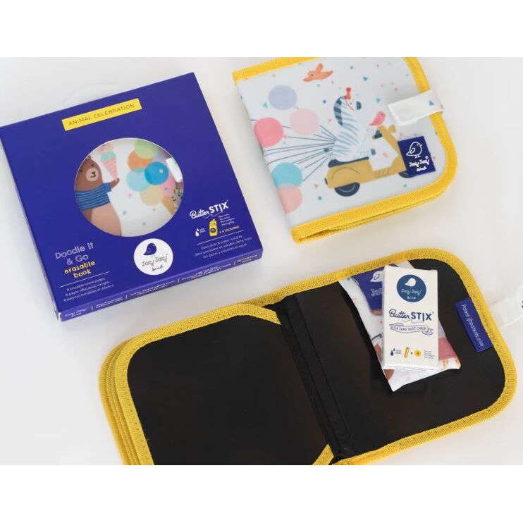 Jaq Jaq Bird Mini Βιβλιαράκι ζωγραφικής μαυροπίνακας με 4 Butterstix - Ζέβρα 15x15εκ.