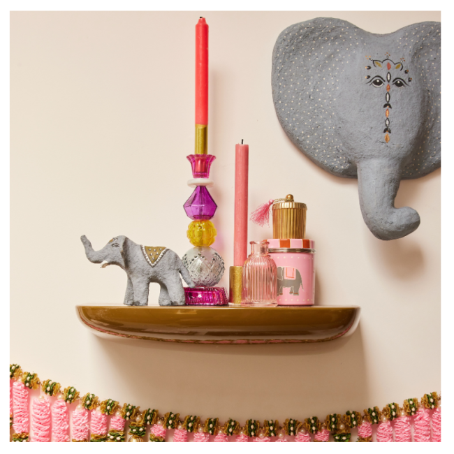 Paper-mâché elephant figurine with pink ornamentation 12x18 cm