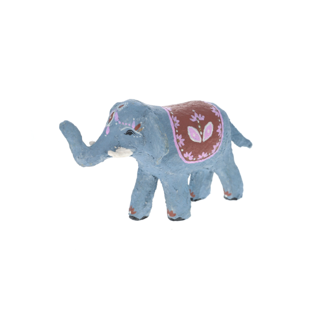 Paper-mâché elephant figurine with pink ornamentation 12x18 cm