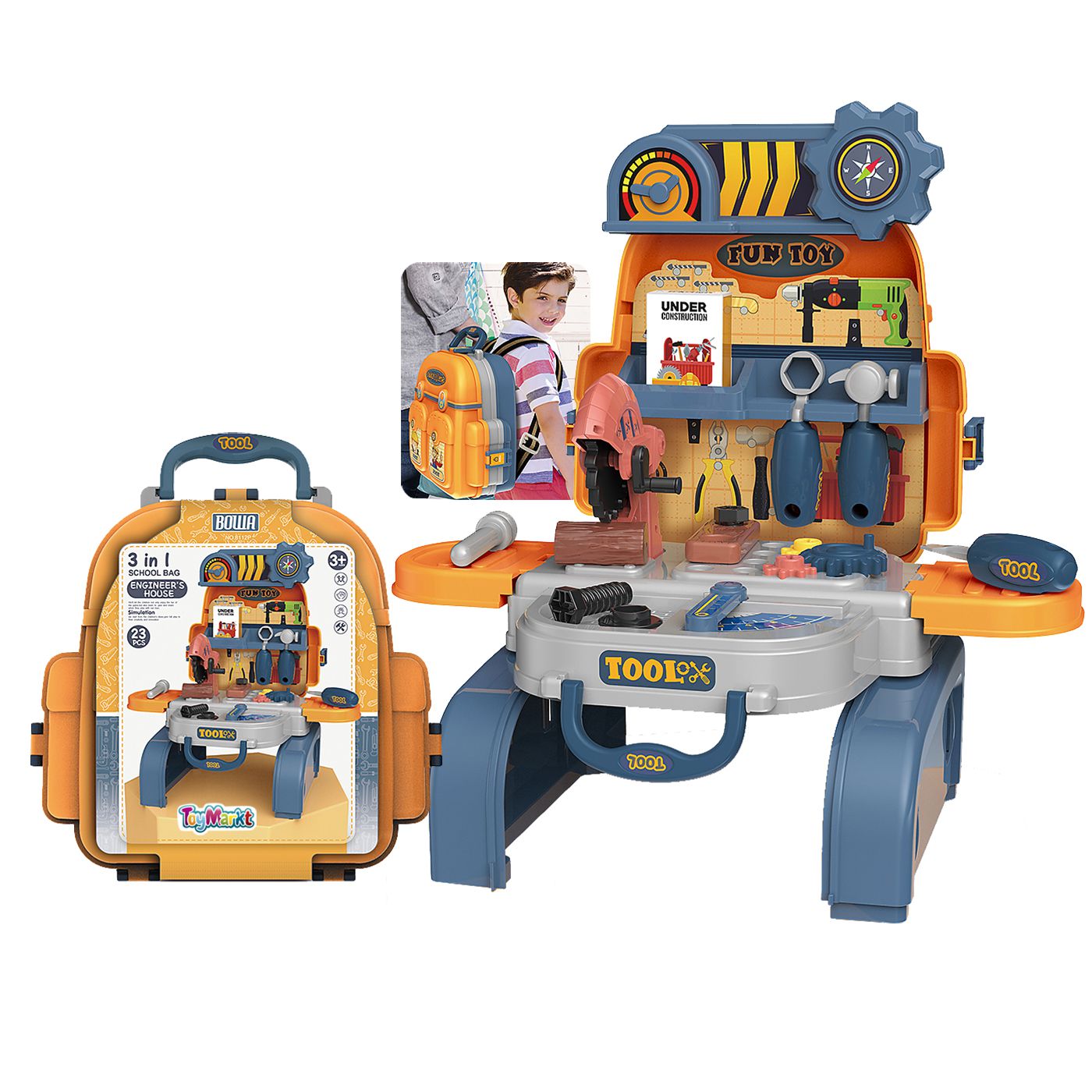 Kid's toy bench with tools 3 in 1 backpack 3+ years