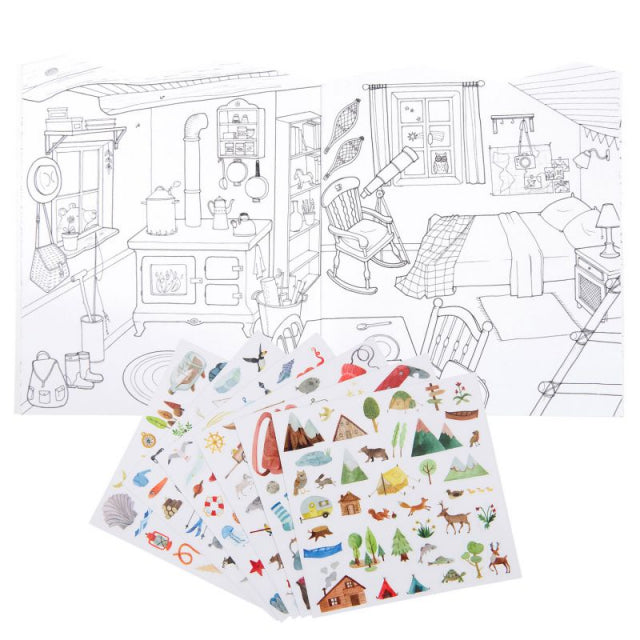 Kid's coloring book 20 pages with 190stickers L'Explorateur 3Y+ Moulin Roty
