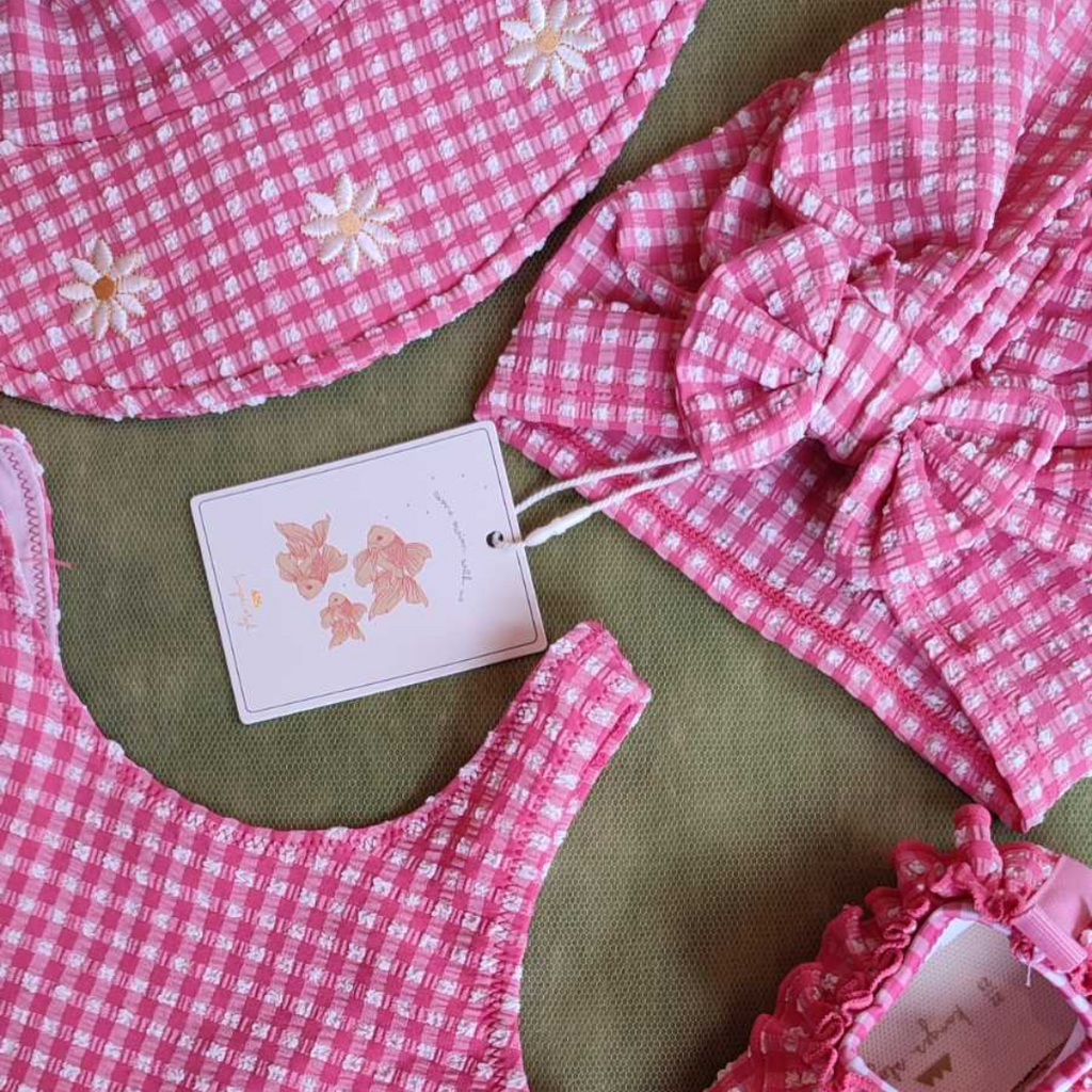 Kid's waterproof turban with sun protection UPV50 3M-4Y Soline Desert Rose Gingham - Konges Slojd