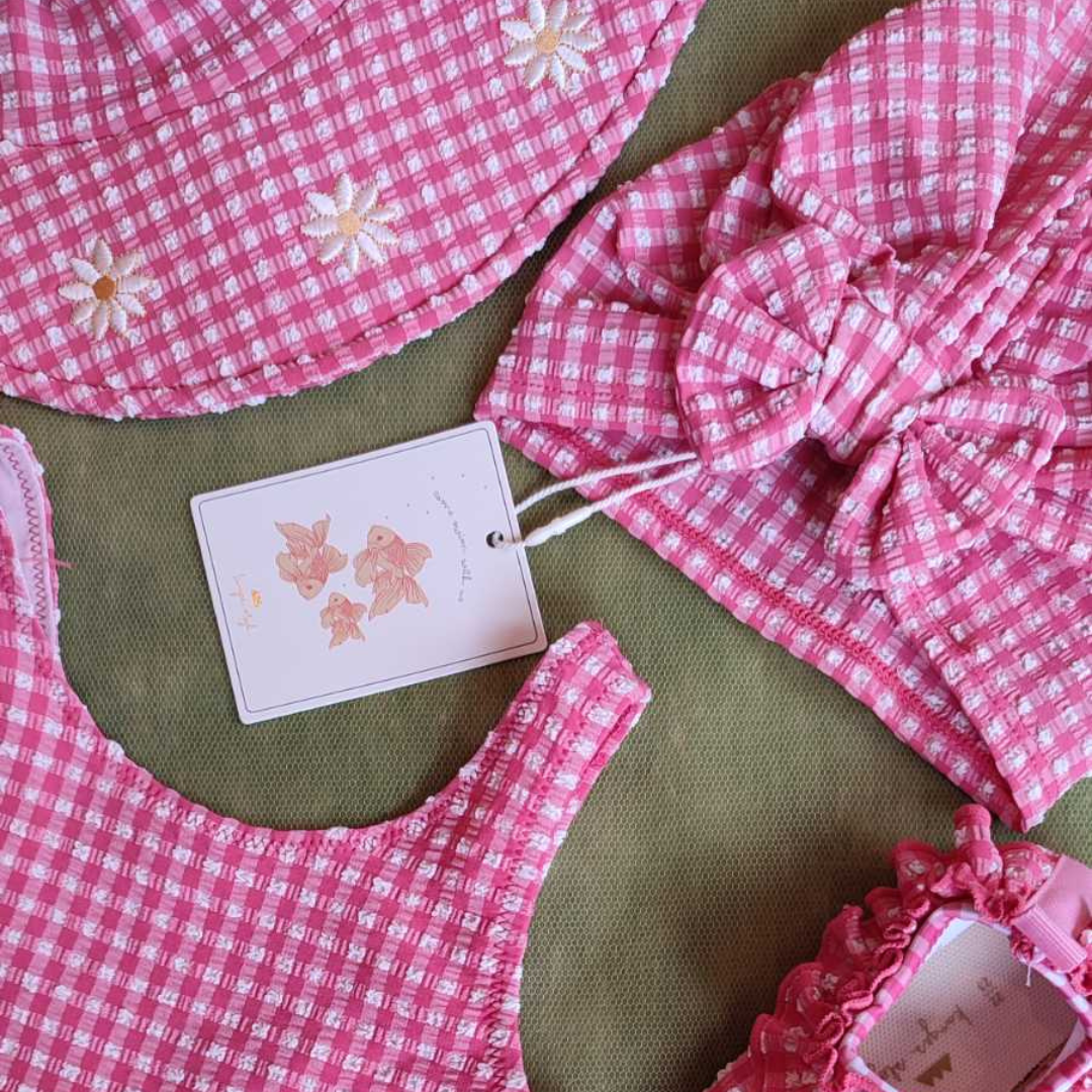 Kid's waterproof turban with sun protection UPV50 3M-4Y Soline Desert Rose Gingham - Konges Slojd