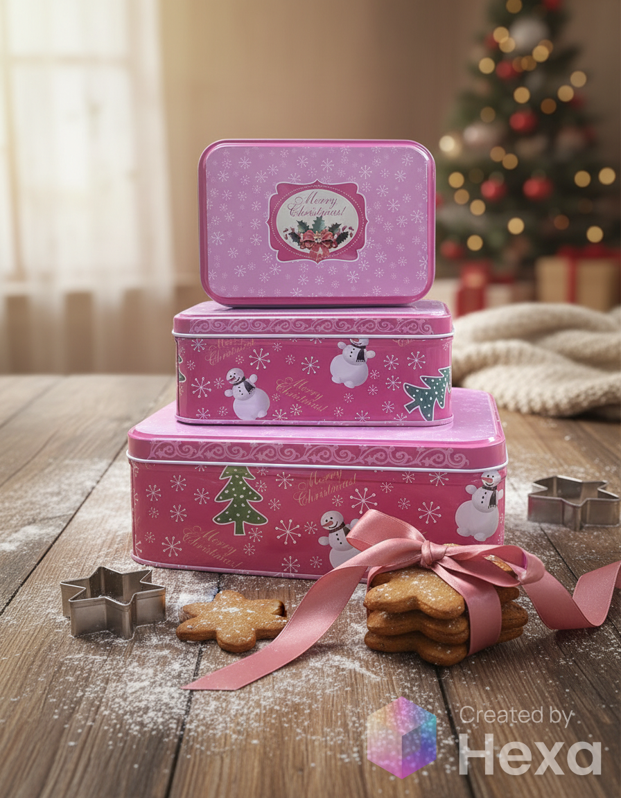 Pink Metal Christmas Boxes Rectangular – Set of 3