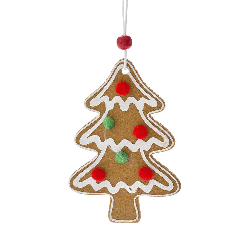 Set of 3 felt ornaments in the shape of a tree with pom poms and ribbon 7x10cm