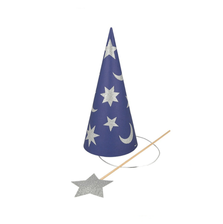 Set of 6 paper hats with wands for the Halloween party Wizard Party Hats & Wands - Meri Meri