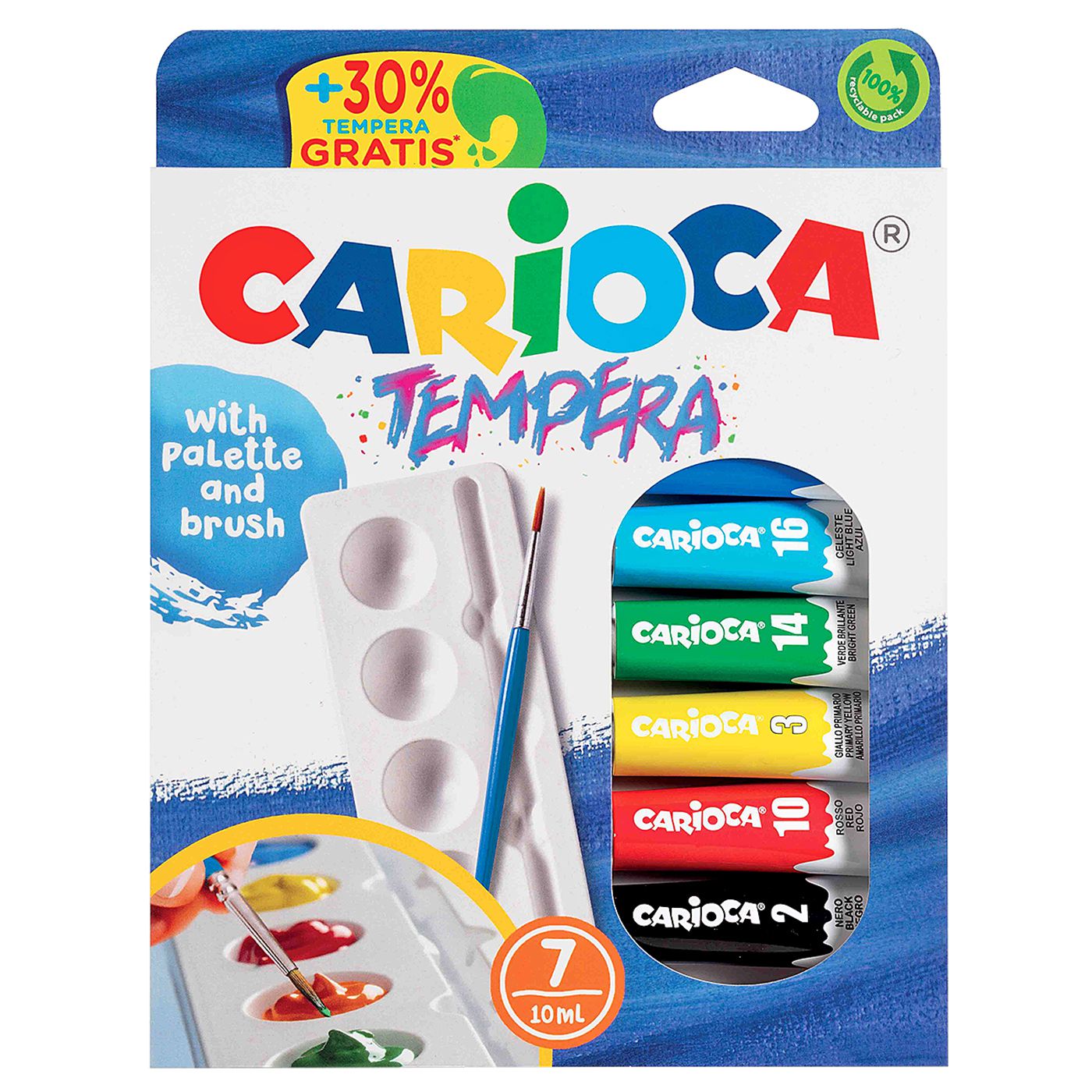 Carioca Tempera Paint Set – 7 Tubes with Palette & Brush (7x10mL)