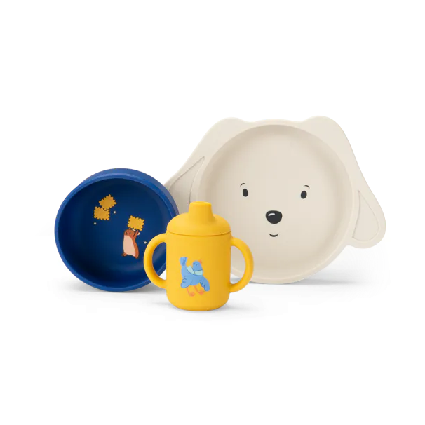 Παιδικό σετ φαγητού από σιλικόνη (πιάτο, μπολ, ποτήρι με χειρολαβές) Puce & Pilou Moulin Roty