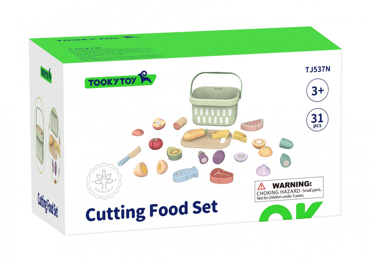 Ξύλινο παιδικό παιχνίδι σετ φαγητού με δίσκο κοπής και καλάθι +3 ετών 21,8x15,4x12cm Tooky Toy
