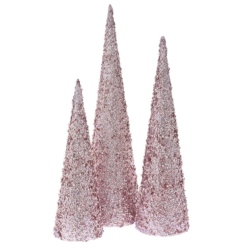 Χριστουγεννιάτικο Διακοσμητικό ροζ κώνοι με πούλιες σετ των τριών 40-50-60cm