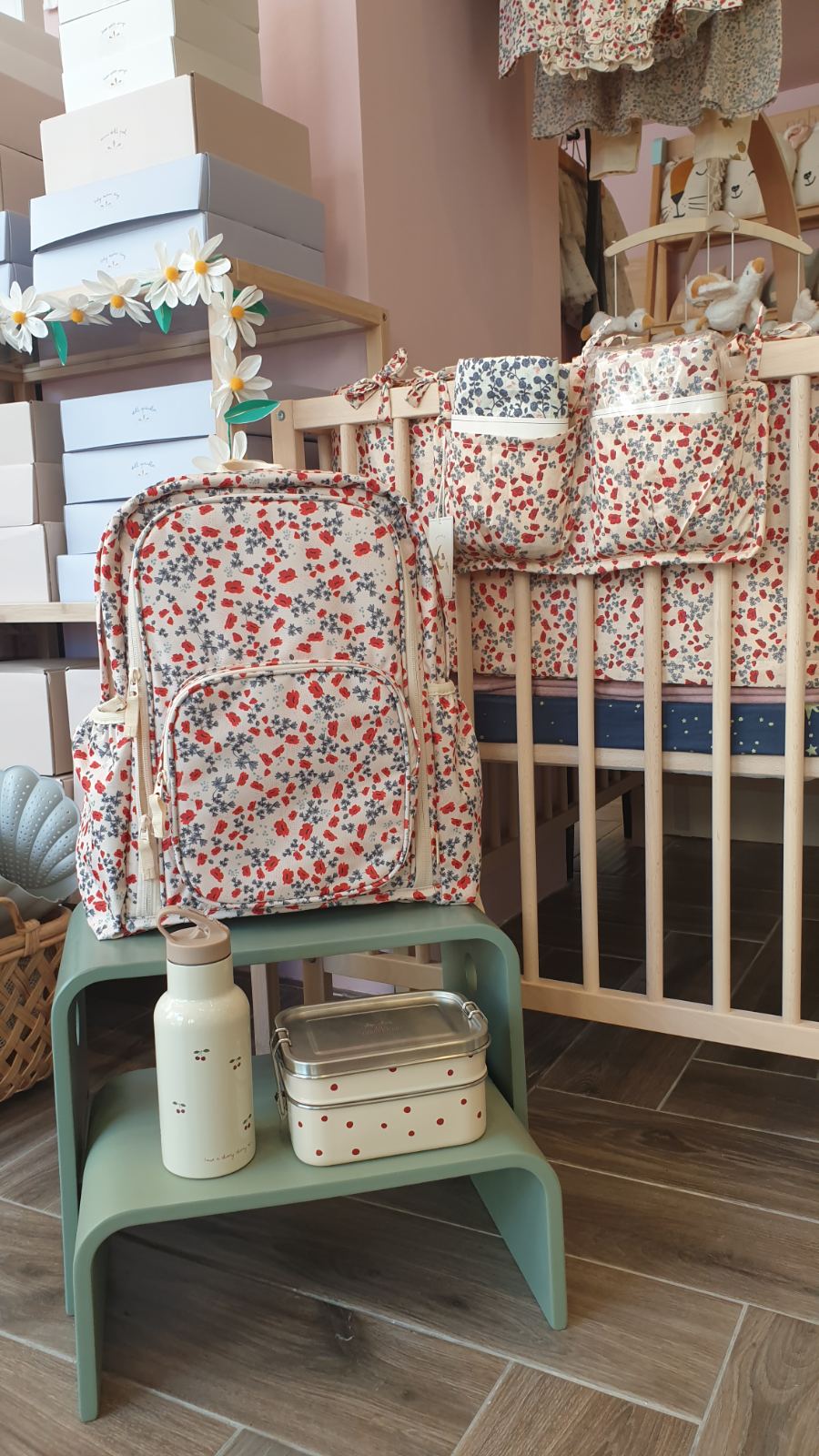 Τσέπες Αποθήκευσης για την Κούνια κόκκινο φλοράλ οργανικό βαμβάκι 34x17cm Poppy Konges Slojd