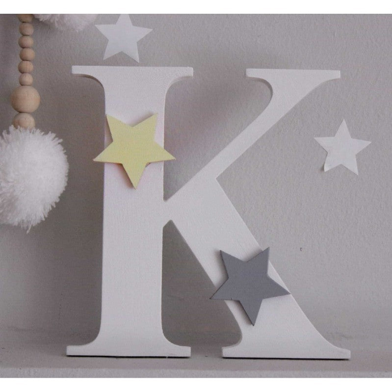Wooden monogram for children's room with stars yellow-grey-K-18cm