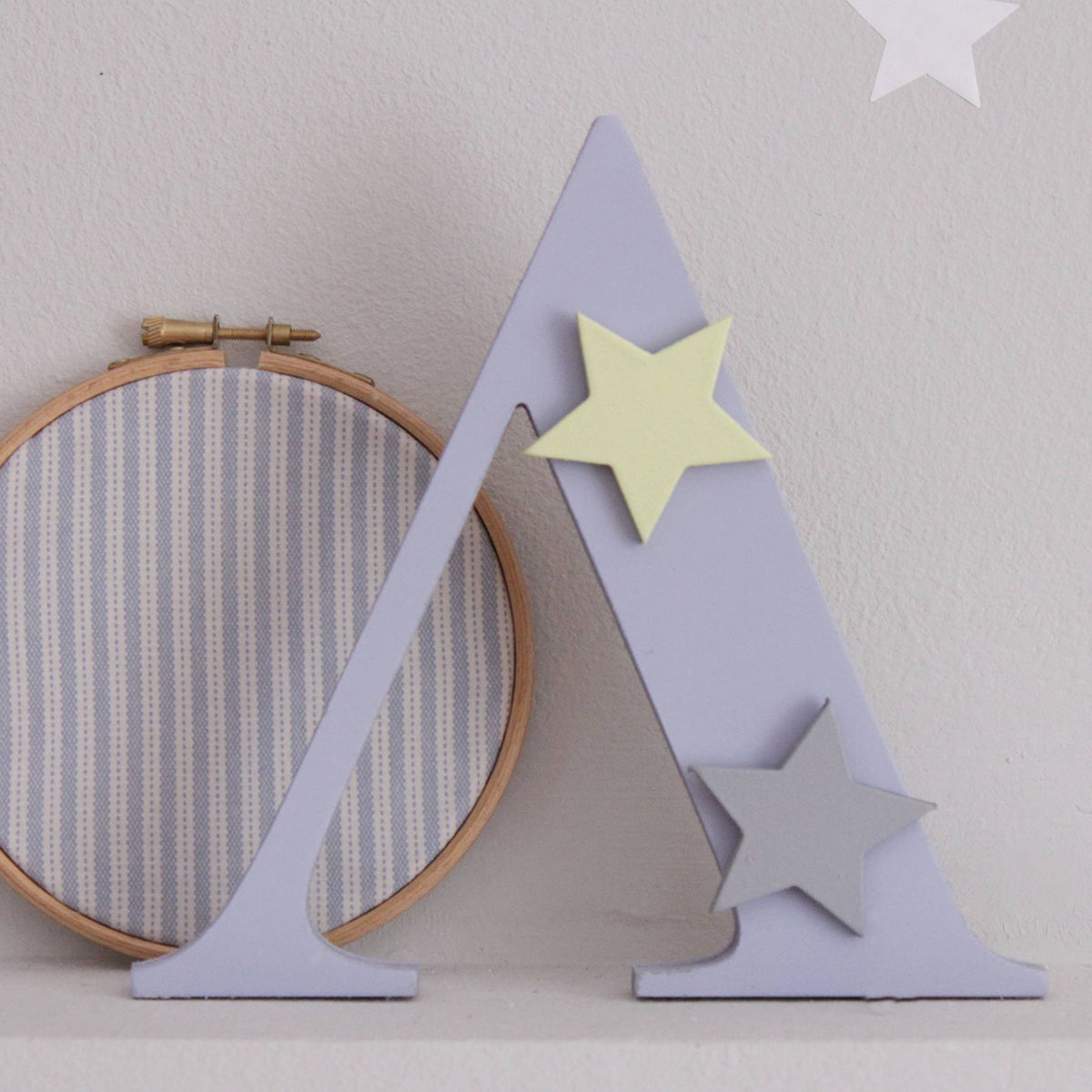 Wooden monogram L light blue for children's room with yellow and gray stars-18cm