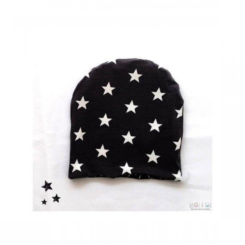 Slouchy beanie with stars print in grey-black