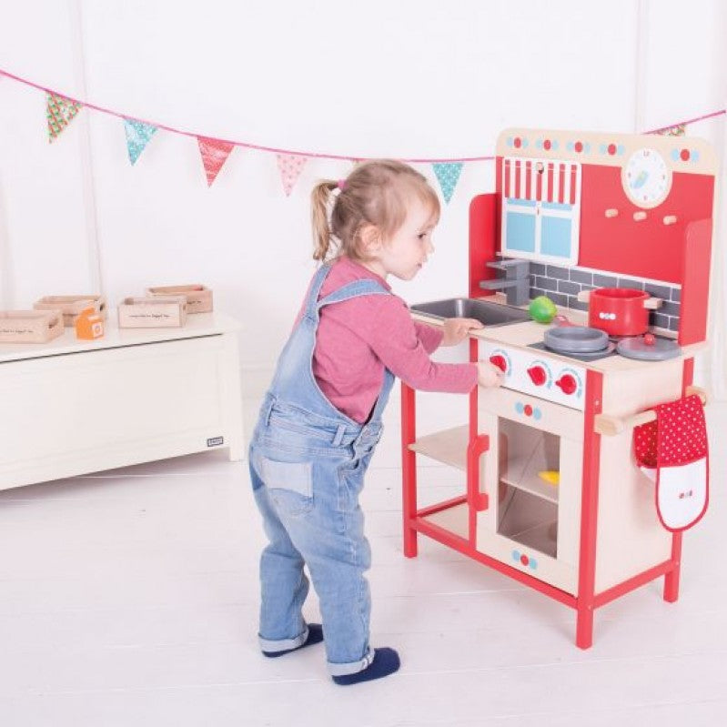 Ξύλινο παιδικό παιχνίδι κόκκινη κουζίνα Bigjigs 95cm x 57.6cm x 30cm