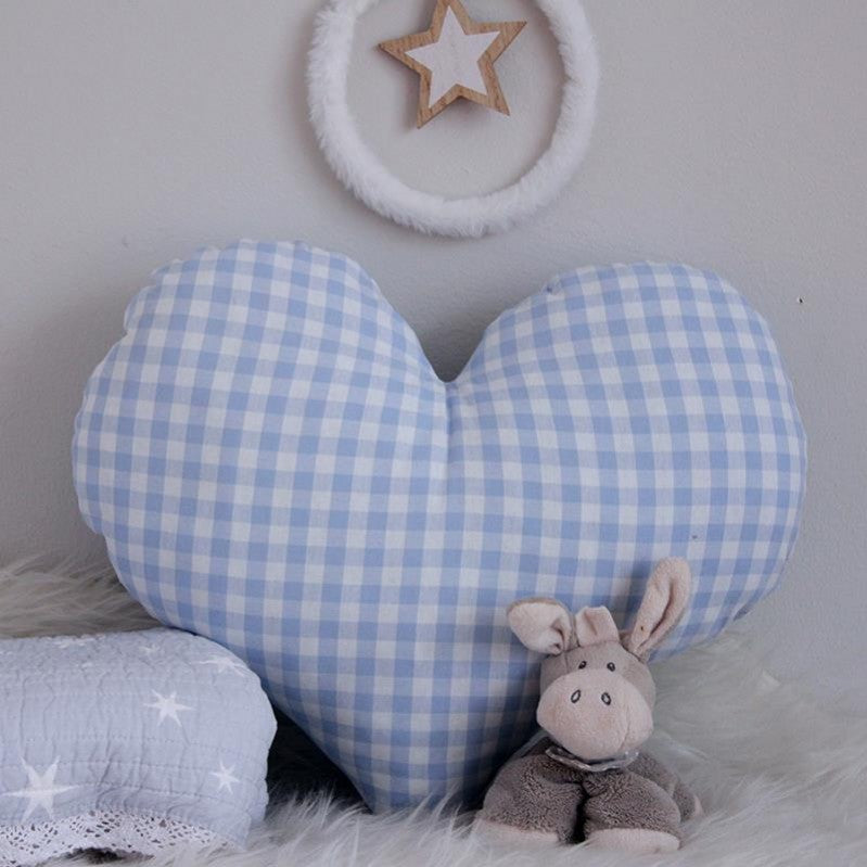 Χειροποίητο γαλάζιο καρό μαξιλάρι καρδιά 43x37cm