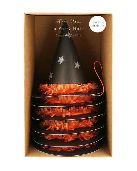Mini black witch hat decorated with silver stars (x 6)