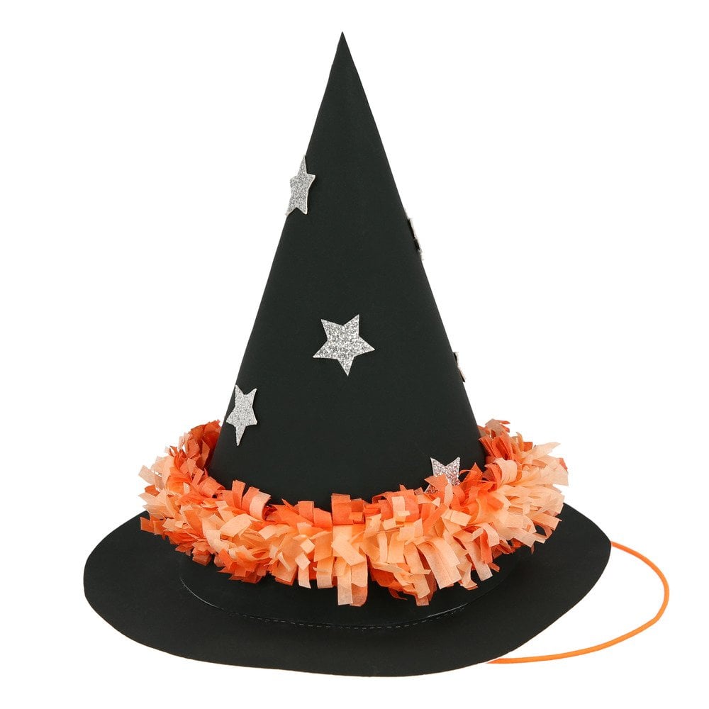 Mini black witch hat decorated with silver stars (x 6)