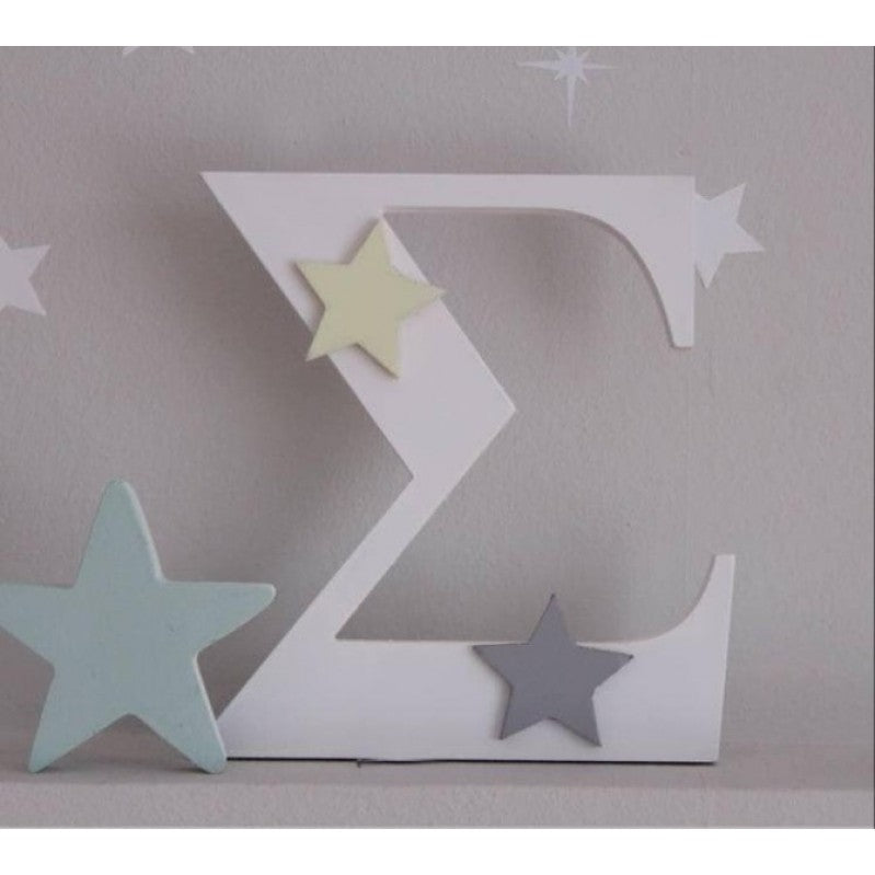 Wooden monogramm with applique stars yellow-grey 18cm