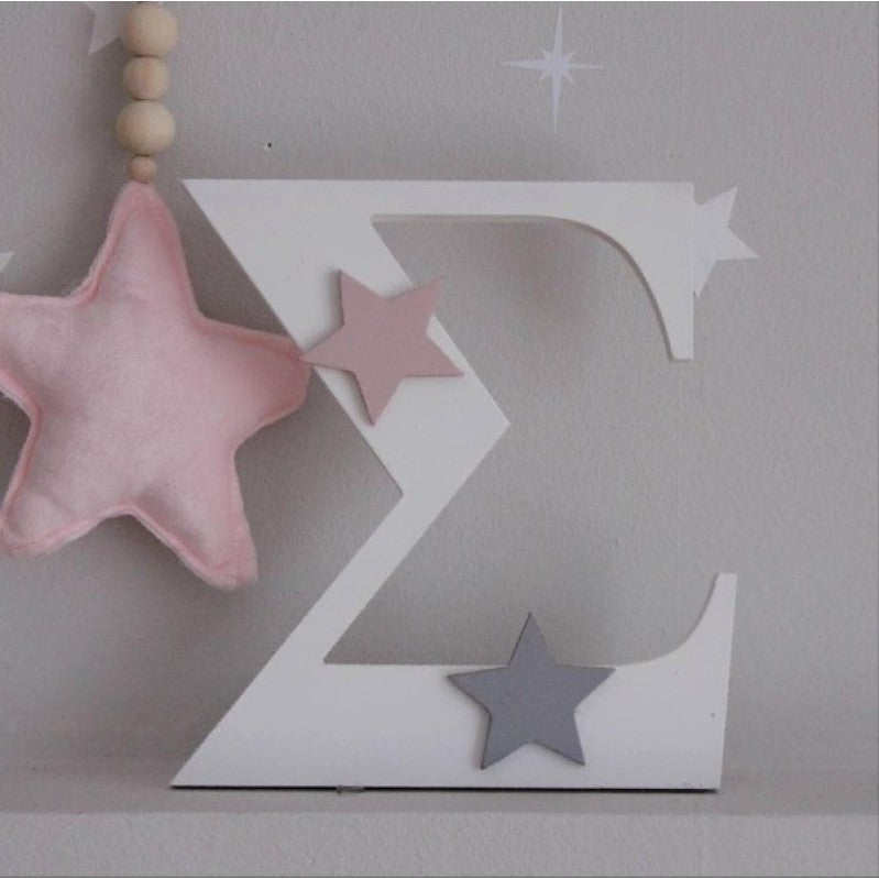 Wooden monogramm with applique stars pink-grey 18cm