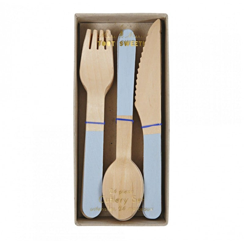 Wooden party cutlery light blue-24pcs-Meri Meri